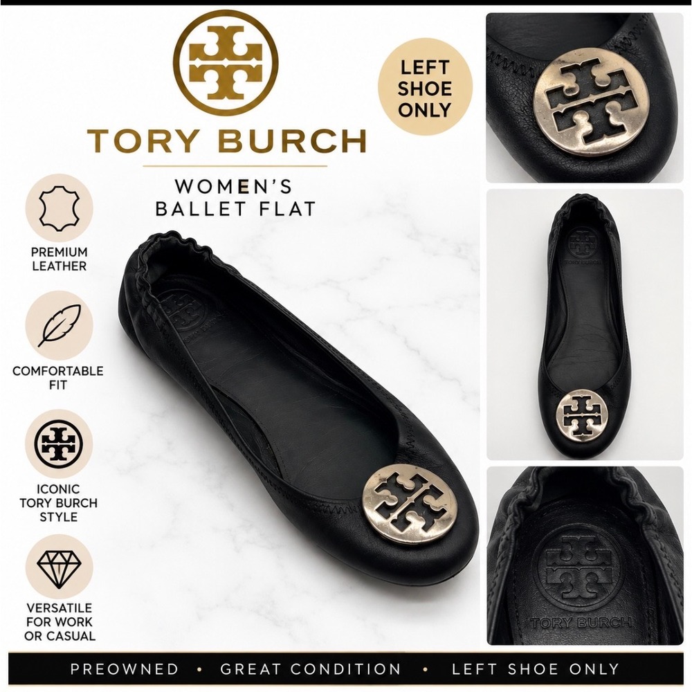 Tory Burch Minnie Travel Ballet Flat Black Leather Gold Logo Single Left Shoe